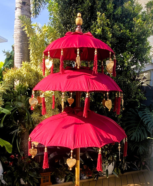 Balinese Umbrella - Red & Gold - Triple     ( 2 pc Teak stick)