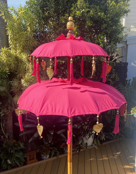 Balinese Umbrella - Pink & Gold - Double     ( 2 pc Teak stick)