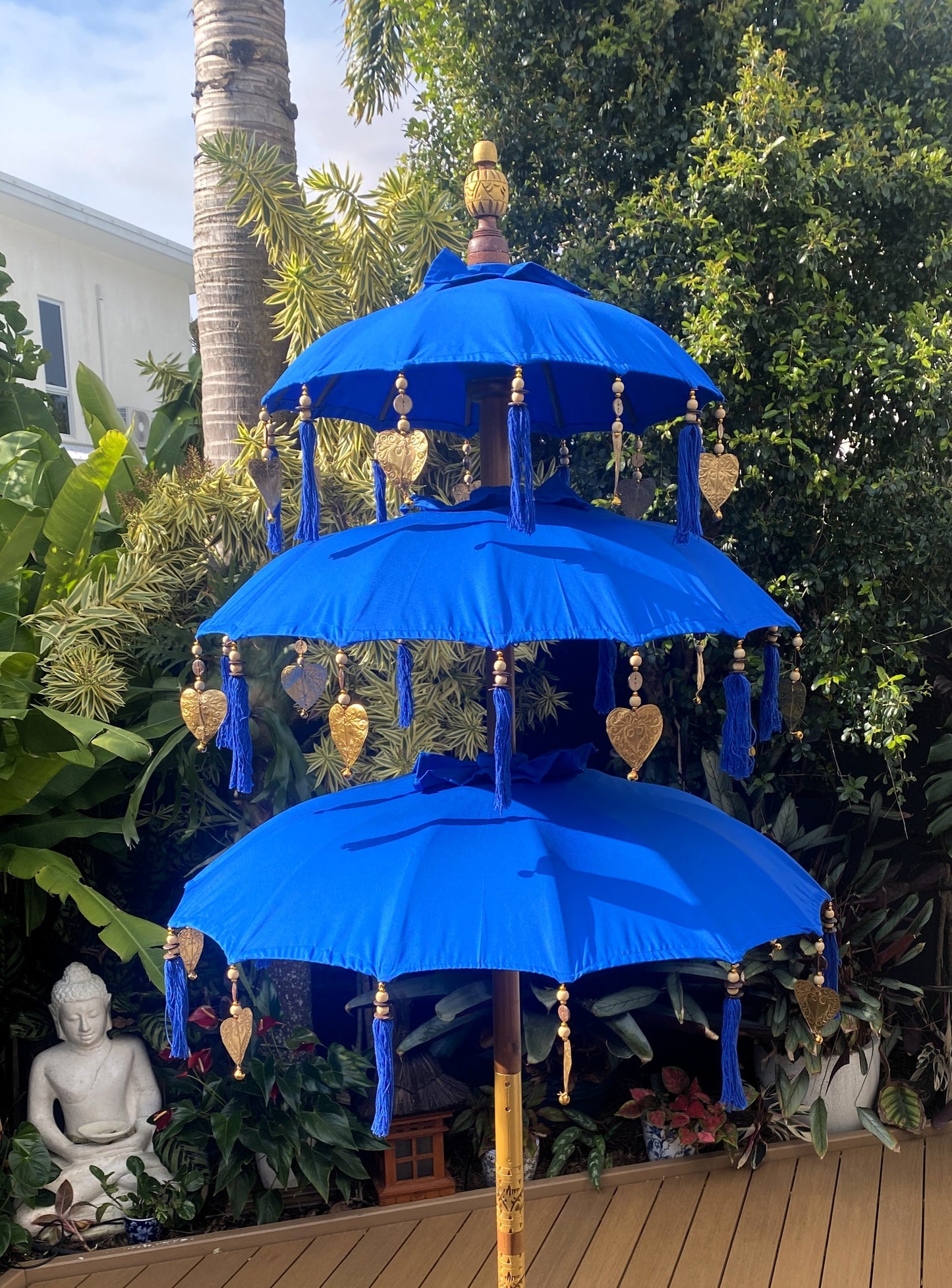 Balinese Umbrella - Royal Blue & Gold - Triple     ( 2 pc Teak stick)