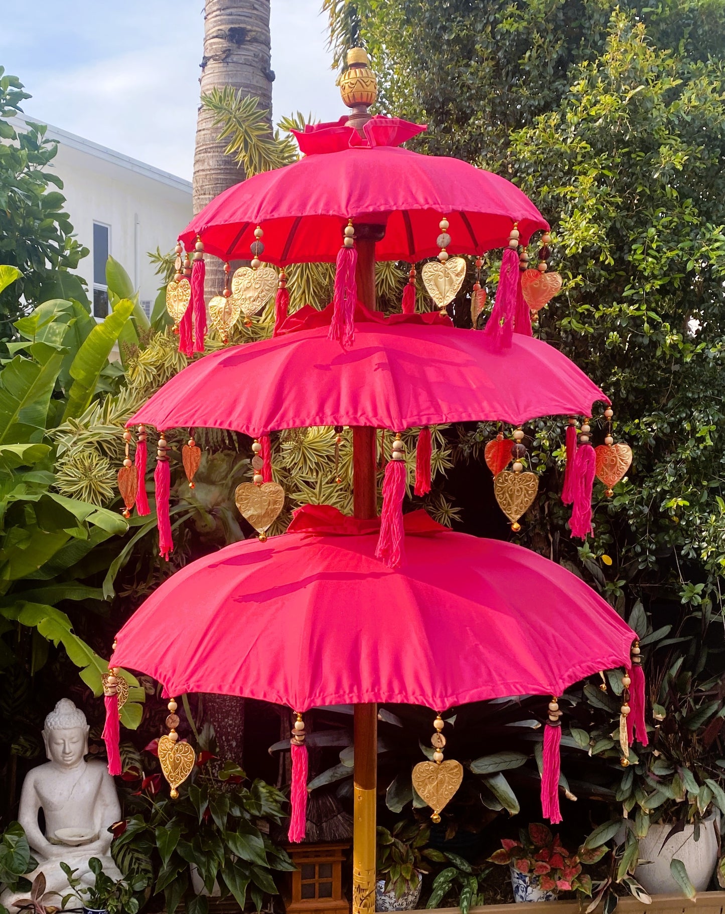 Balinese Umbrella - Pink & Gold - Triple     ( 2 pc Teak stick)