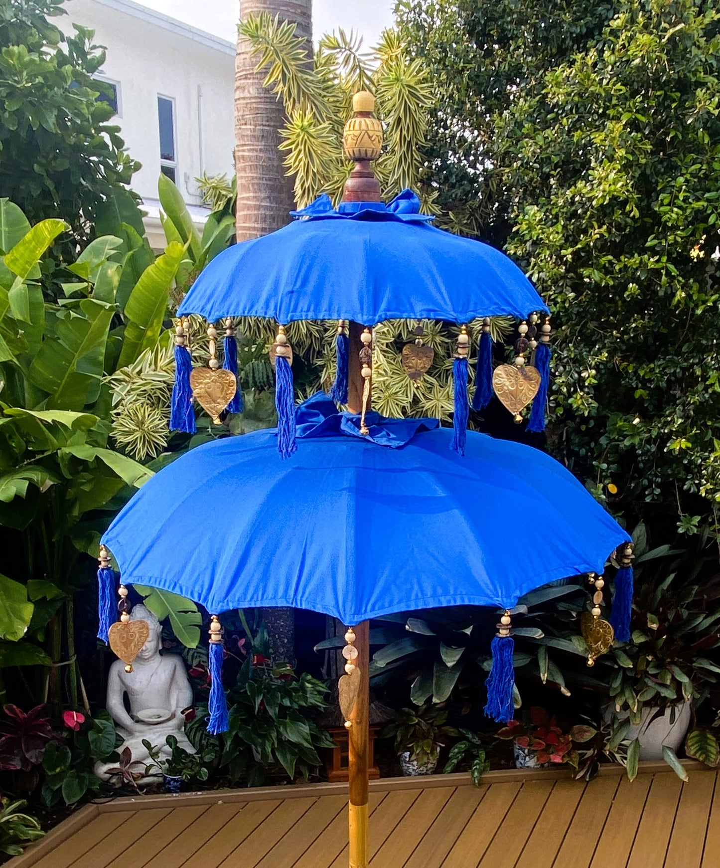 Balinese Umbrella - Royal Blue & Gold - Double     ( 2 pc Teak stick)
