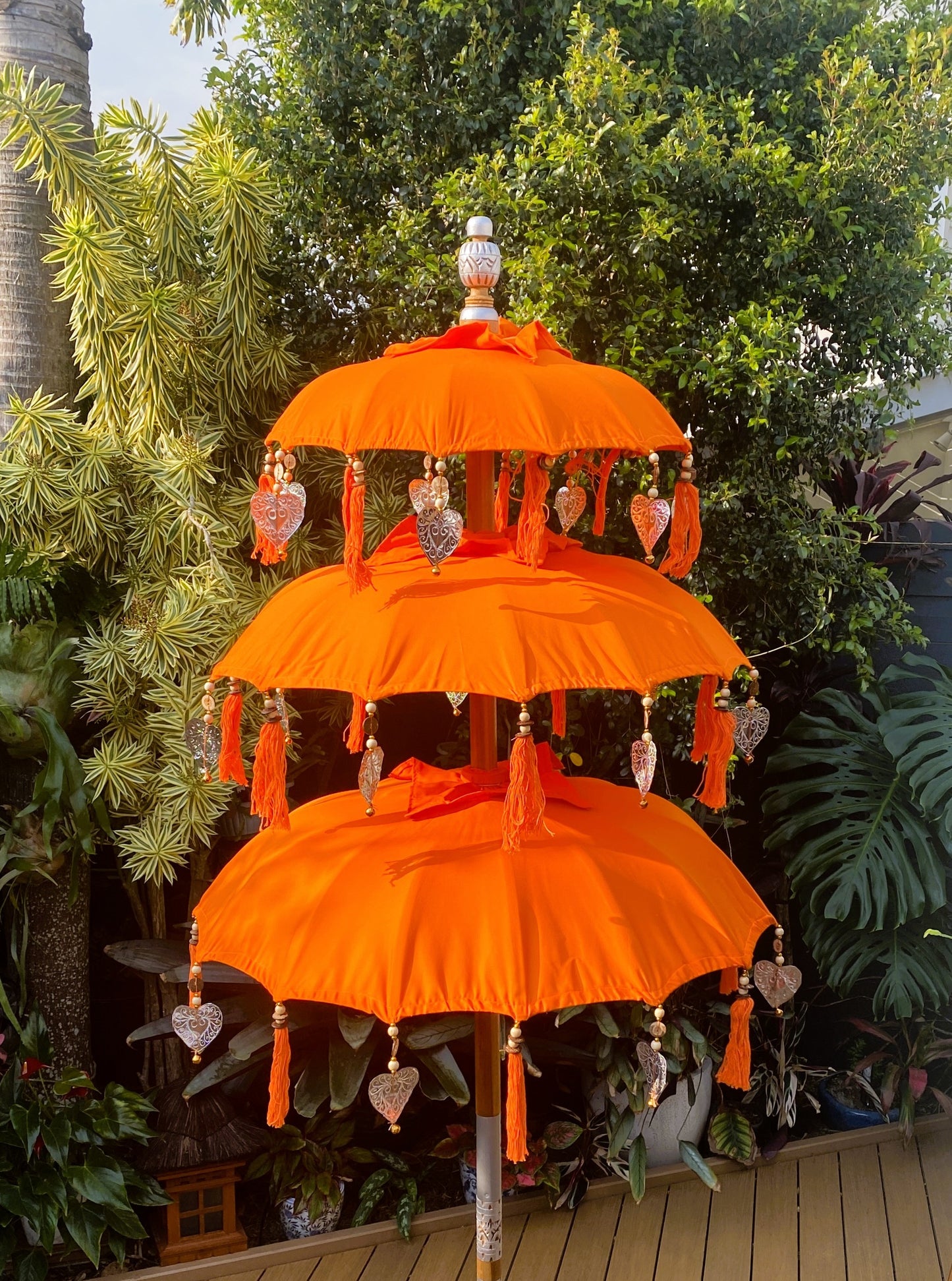 Balinese Umbrella - Orange & Silver - Triple     ( 2 pc Teak stick)