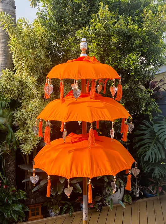 Balinese Umbrella - Orange & Silver - Triple     ( 2 pc Teak stick)