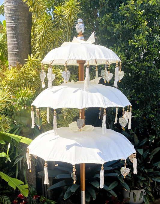 Balinese Umbrella - Off White & Silver - Triple     ( 2 pc Teak stick)