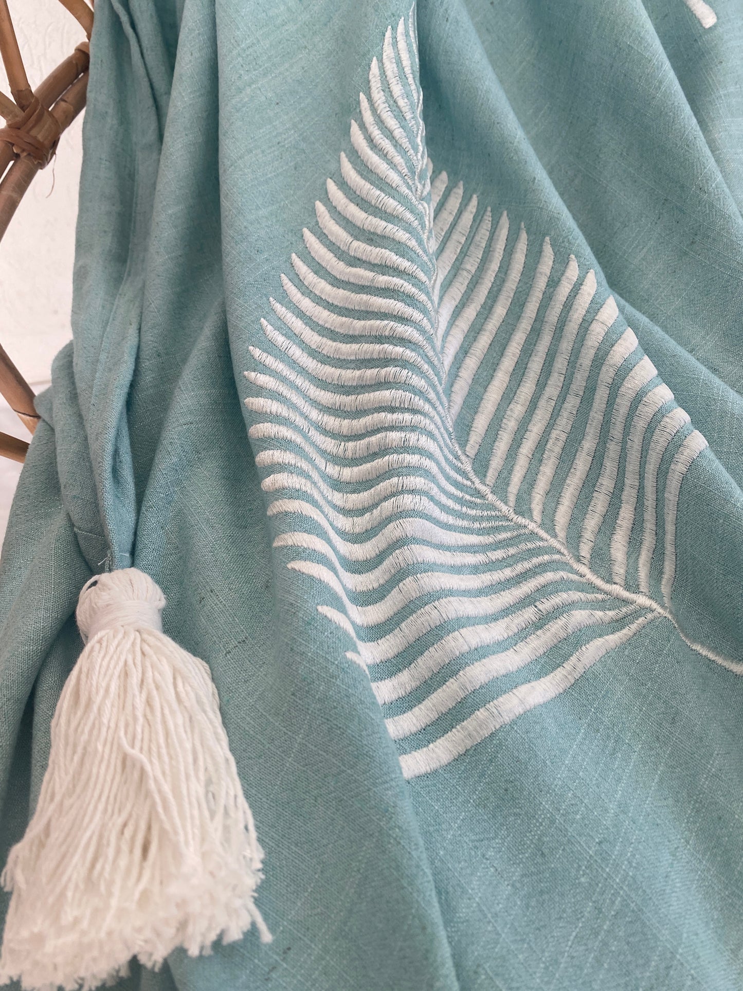 Lightweight Throw Rug - Embroidered Silver Fern - Dusty Blue