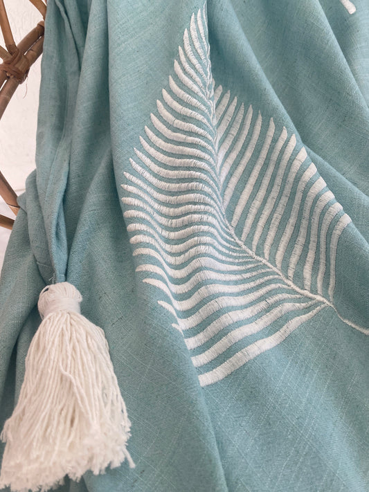 Lightweight Throw Rug - Embroidered Silver Fern - Dusty Blue