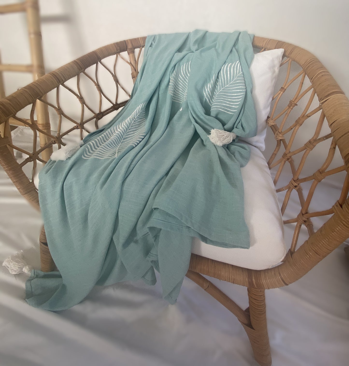 Lightweight Throw Rug - Embroidered Silver Fern - Dusty Blue