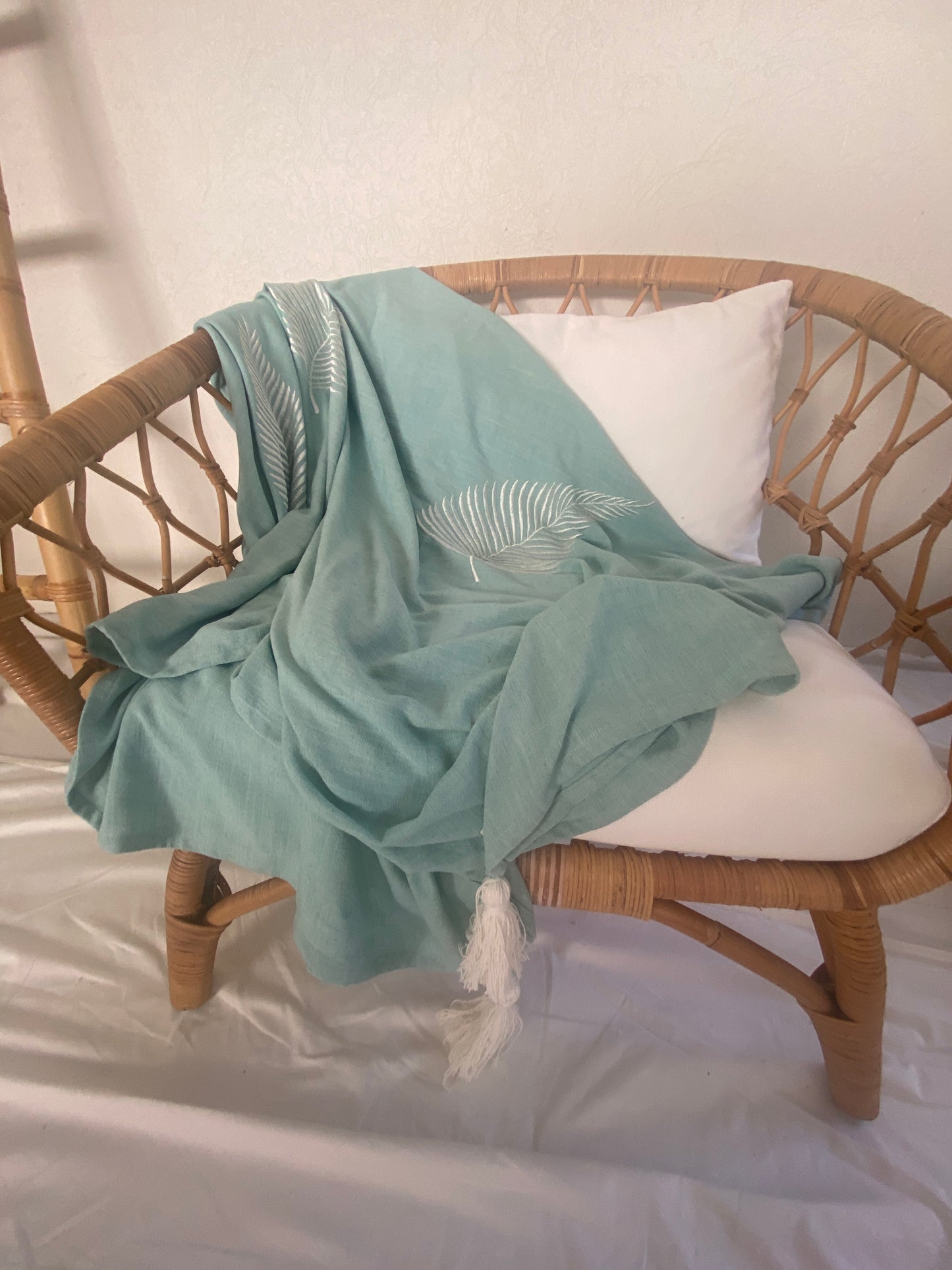 Lightweight Throw Rug - Embroidered Silver Fern - Dusty Blue