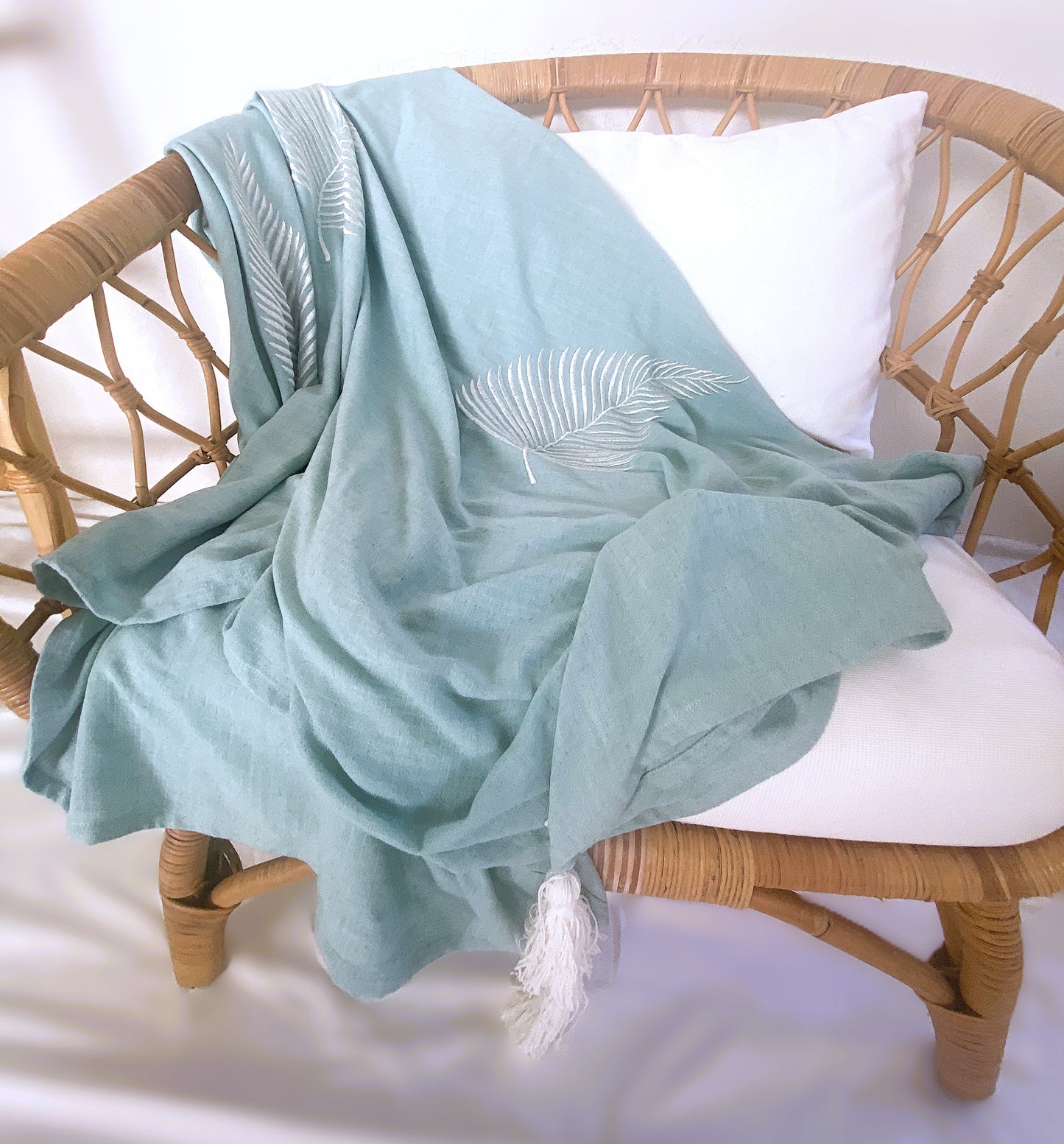 Lightweight Throw Rug - Embroidered Silver Fern - Dusty Blue