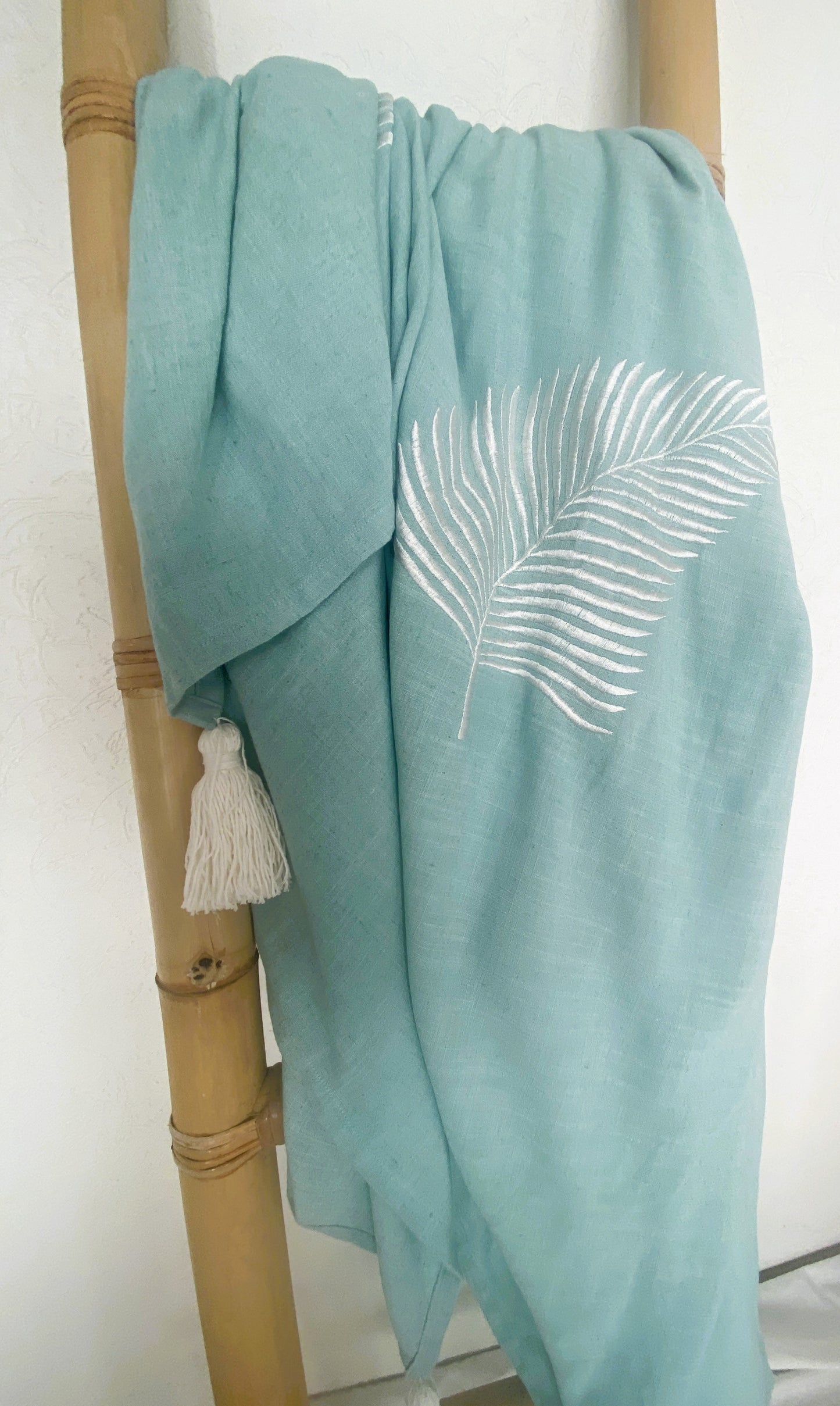 Lightweight Throw Rug - Embroidered Silver Fern - Dusty Blue