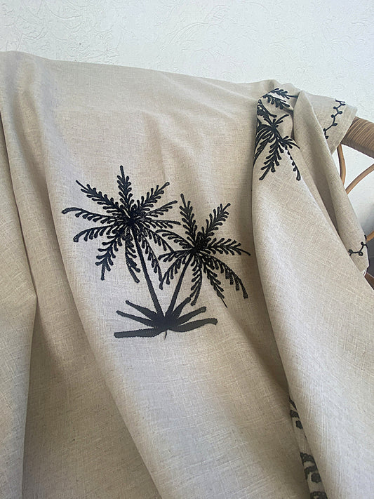 Island Palms - Black Embroidered - Natural Cotton Throw Rug