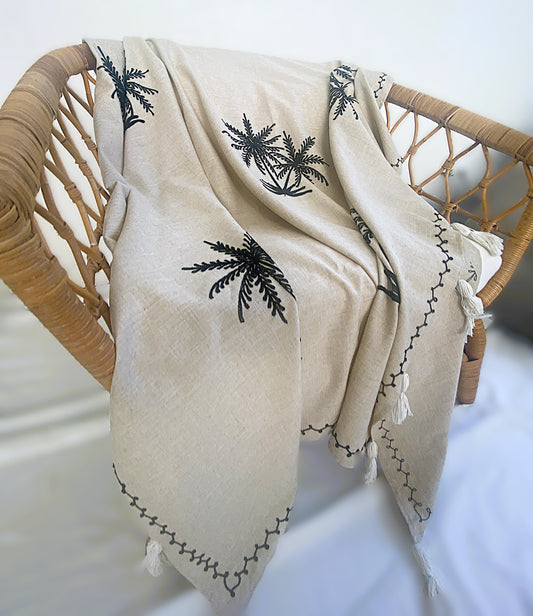 Island Palms - Black Embroidered - Natural Cotton Throw Rug