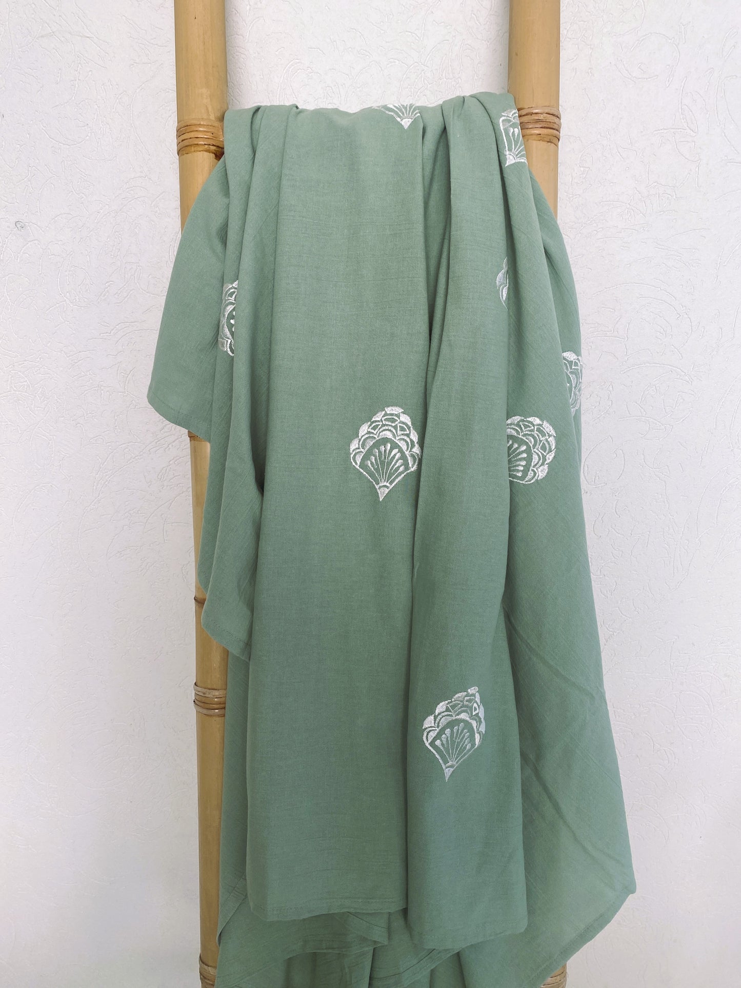 Shell Drift- Lightweight Embroidered Throw Rug - Sage Green