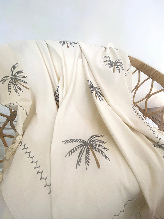 Palm Whisper Throw Rug - Off White and Grey Stitching