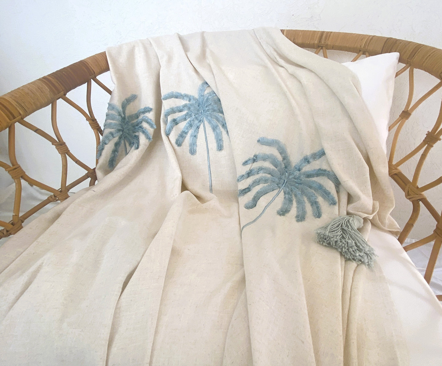 Island Grace Lightweight Throw - Embroidered Palm - Natural & Ocean Blue