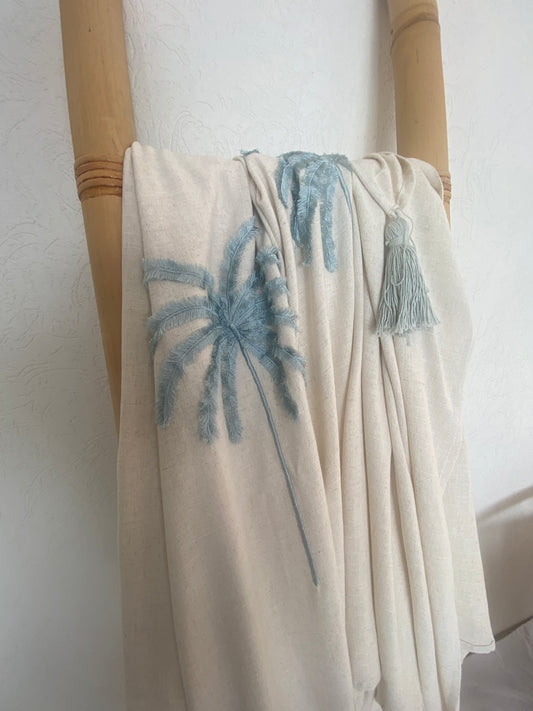 Island Grace Lightweight Throw - Embroidered Palm - Natural & Ocean Blue