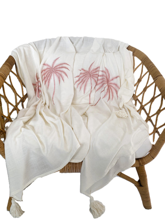 Palm Beach Lightweight Throw - Embroidered Palm - White & Pink
