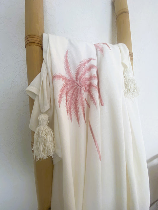 Palm Beach Lightweight Throw - Embroidered Palm - White & Pink