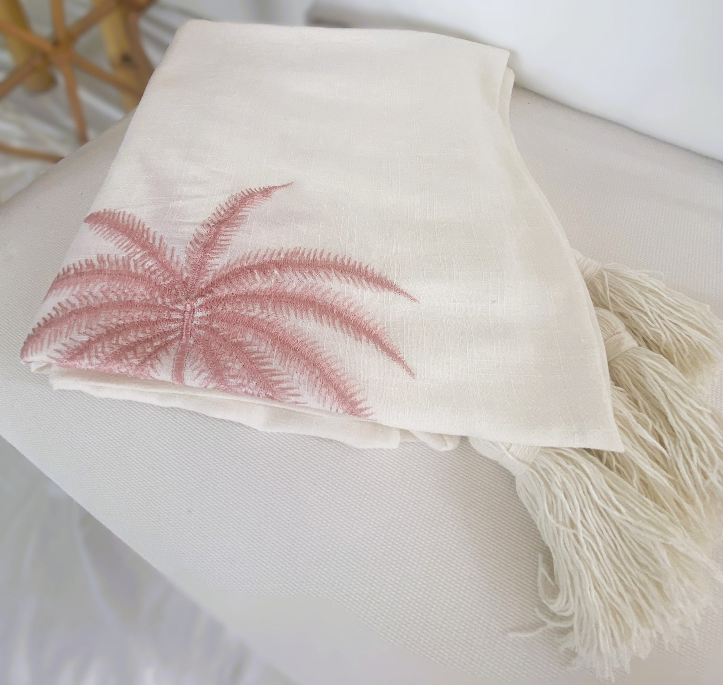 Palm Beach Lightweight Throw - Embroidered Palm - White & Pink