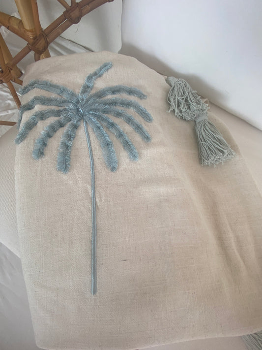 Island Grace Lightweight Throw - Embroidered Palm - Natural & Ocean Blue