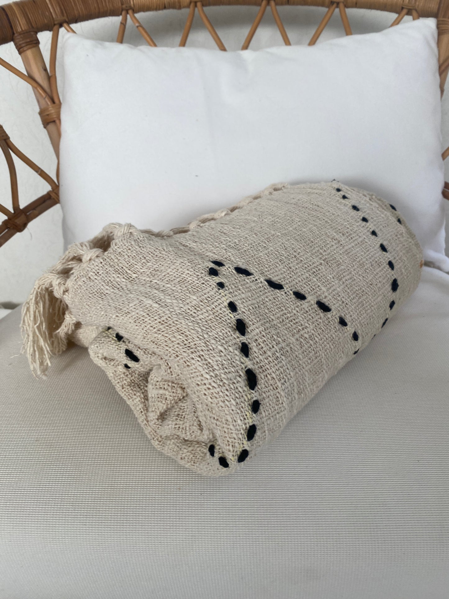 Driftwood Thick Weave Throw Rug -  Natural with Black Stitching