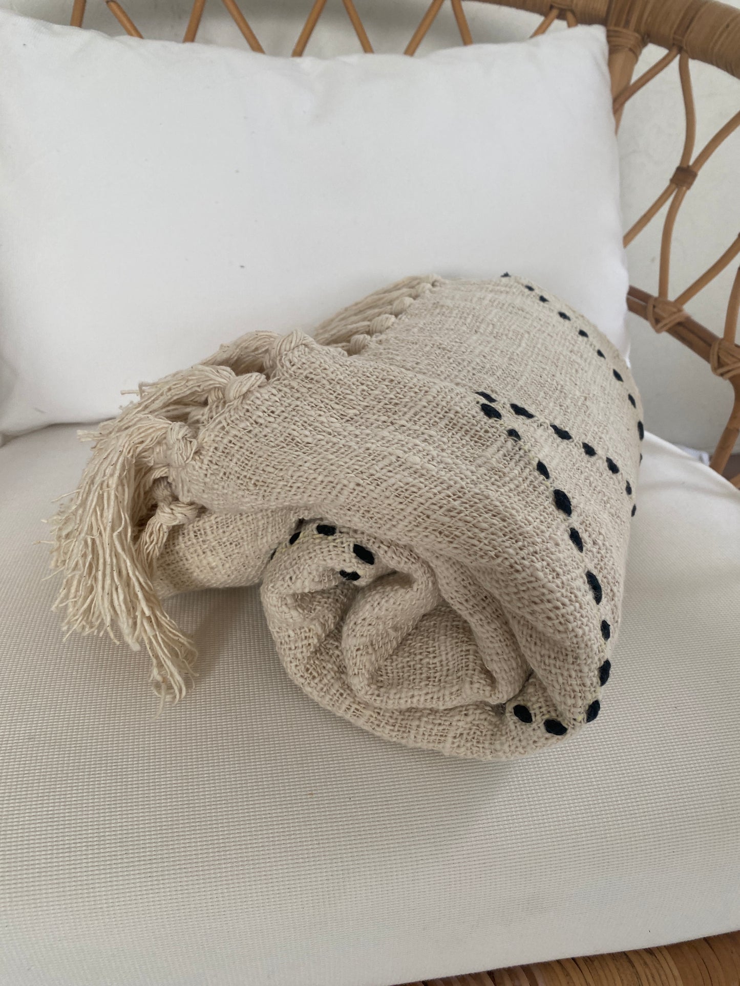 Driftwood Thick Weave Throw Rug -  Natural with Black Stitching