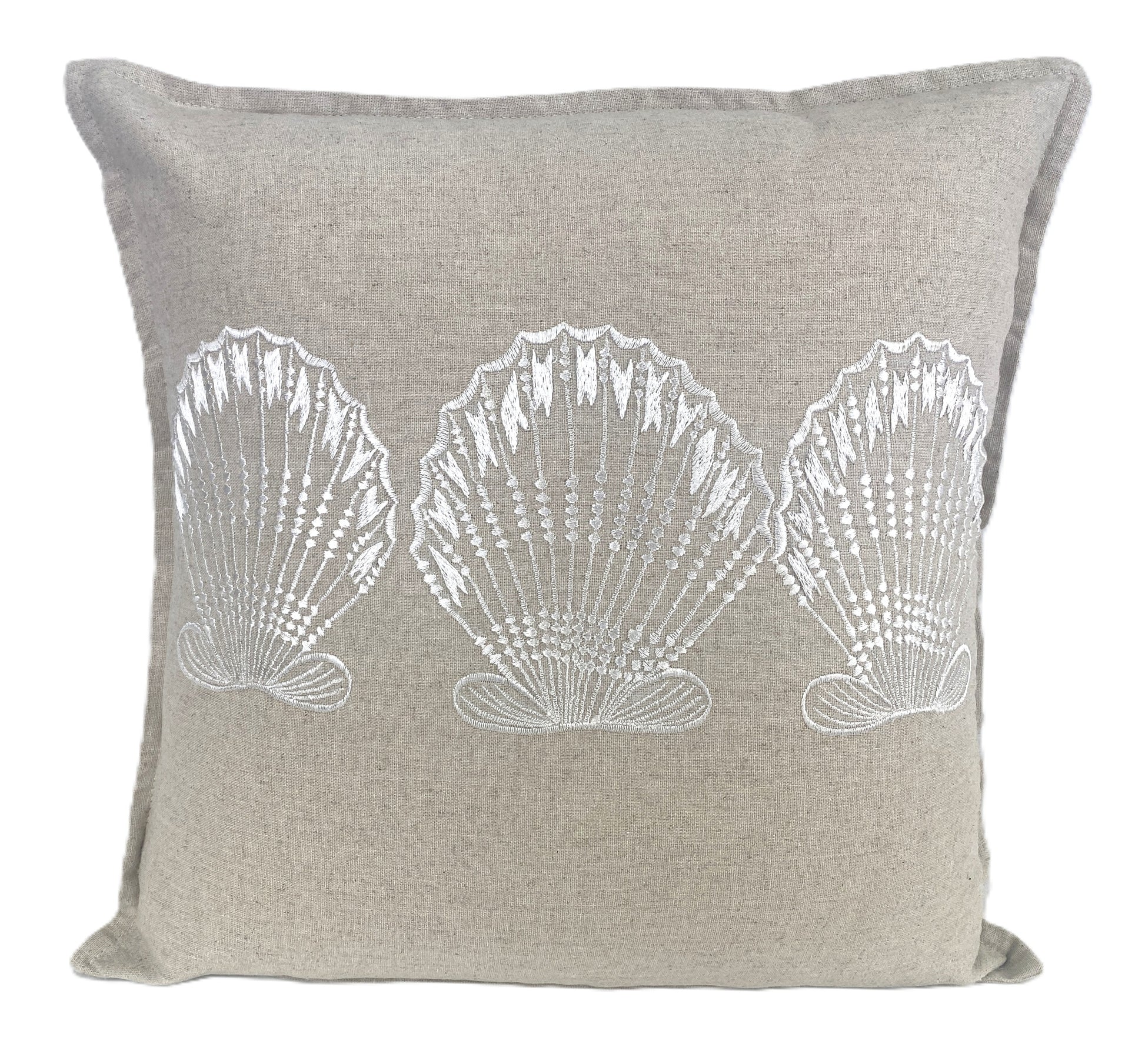 Beige Cushion With White Shell Embroidered Designs. Coastal Boho Inspired Homewares
