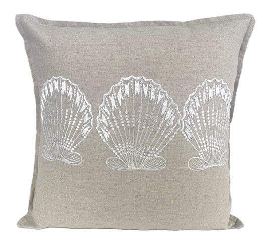 Beige Cushion With White Shell Embroidered Designs. Coastal Boho Inspired Homewares