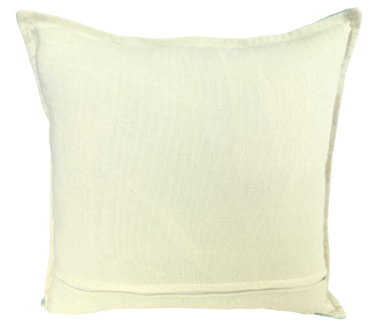 Decorative cushion with light blue palm tree design on a white background