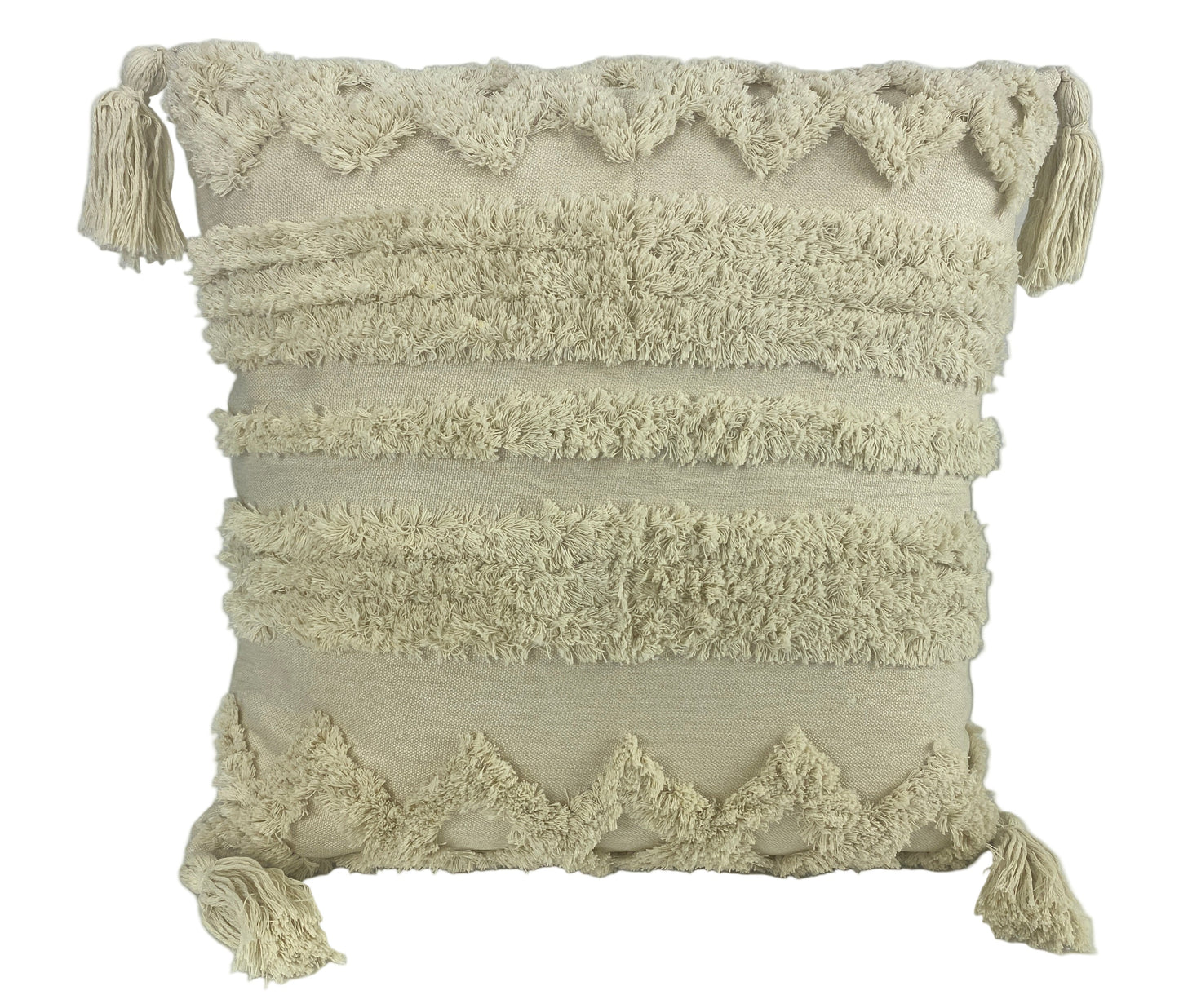 Soft Cotton Textured Cushion Cover with Tassels and Geometric Pattern. Coastal Inspired Decor.