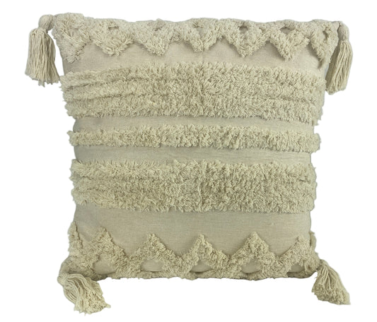 Soft Cotton Textured Cushion Cover with Tassels and Geometric Pattern. Coastal Inspired Decor.