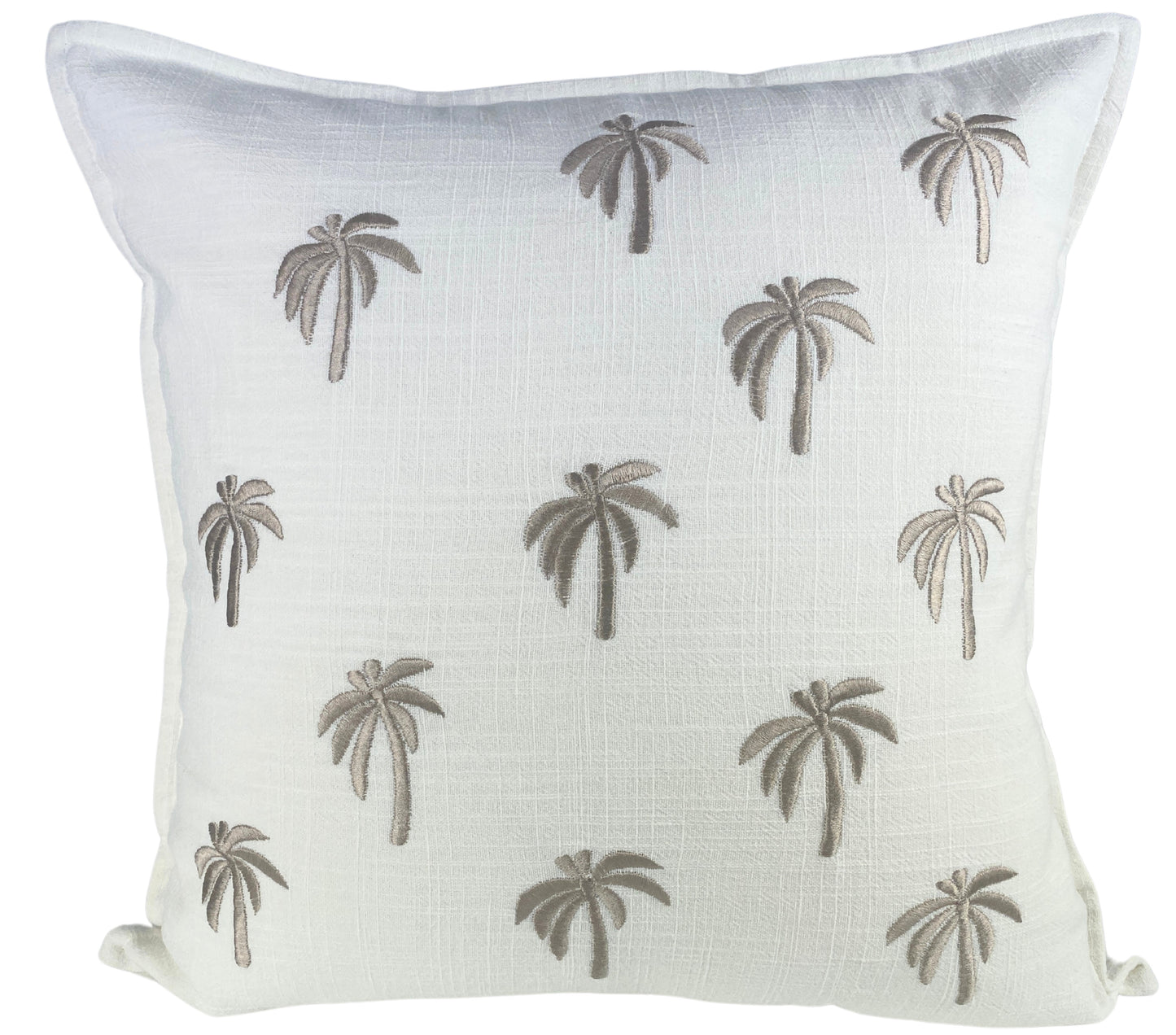 Decorative premium white linen blend 50x50cm cushion cover with chocolate palm tree patterns.