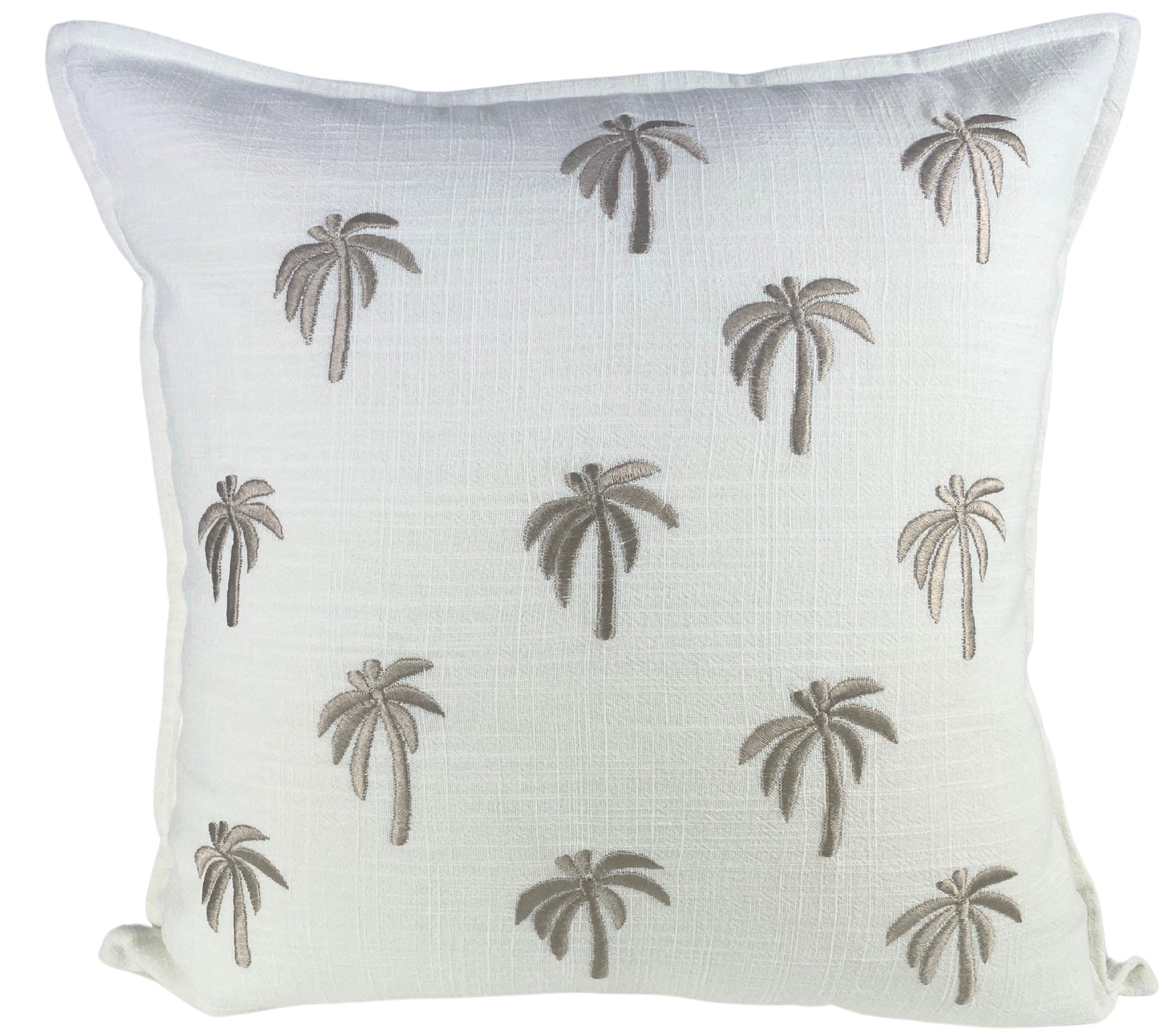 Decorative premium white linen blend 50x50cm cushion cover with chocolate palm tree patterns.