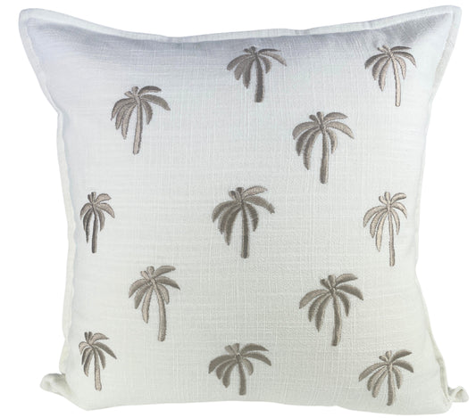 Decorative premium white linen blend 50x50cm cushion cover with chocolate palm tree patterns.