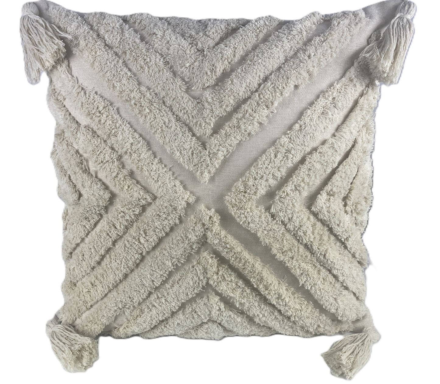 Thick Woven Textured Cotton Cushion Cover with Fringe Patterns and Tassels. Coastal Boho Homewares