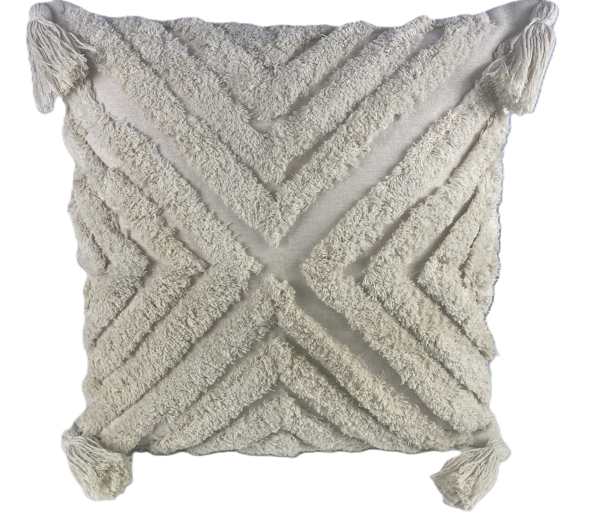 Thick Woven Textured Cotton Cushion Cover with Fringe Patterns and Tassels. Coastal Boho Homewares