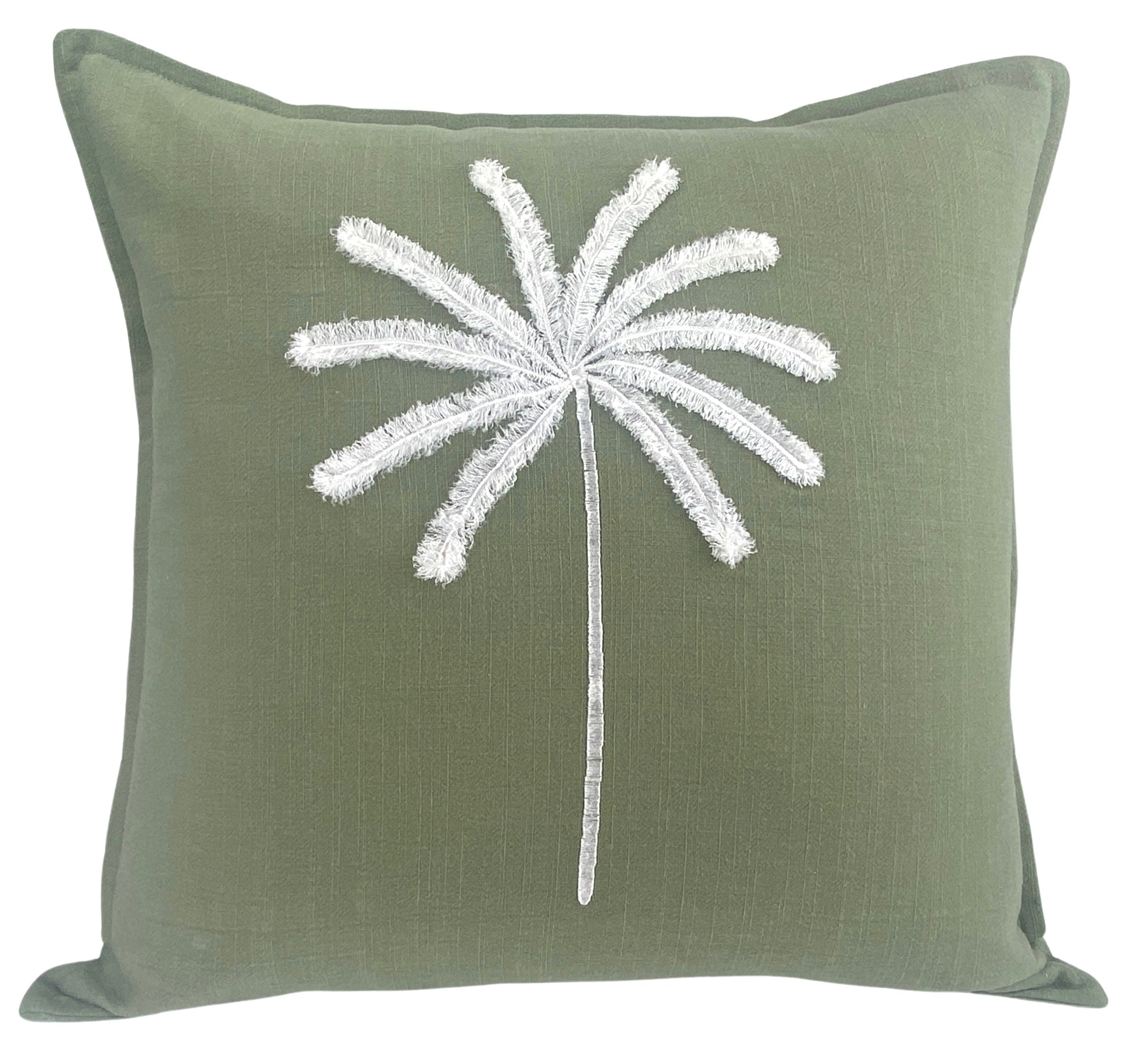 Linen cotton blend- full view - olive green - soft embroidered palm - hand made - 50x50 - palm soft