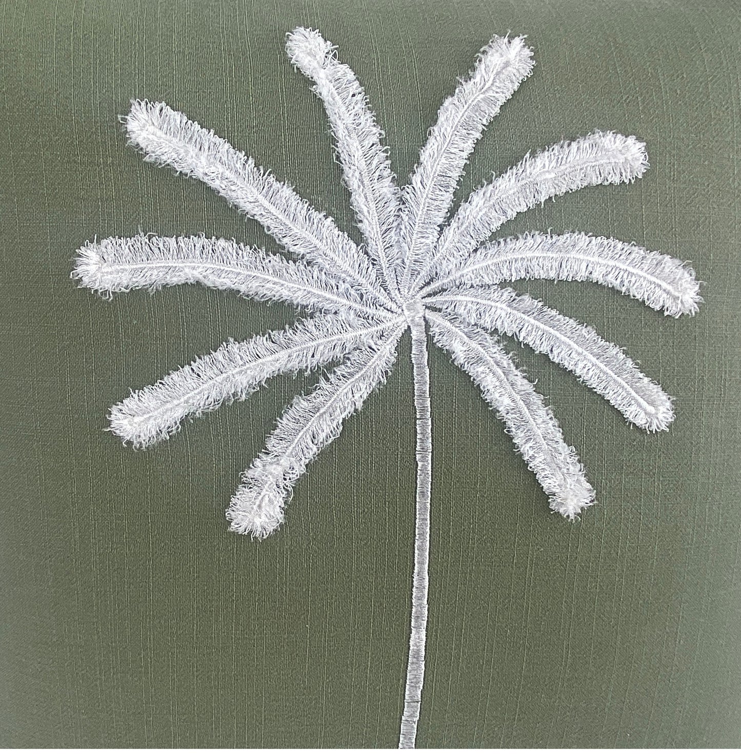 Linen cotton blend- close up view - olive green - soft embroidered palm - hand made - 50x50 - palm soft