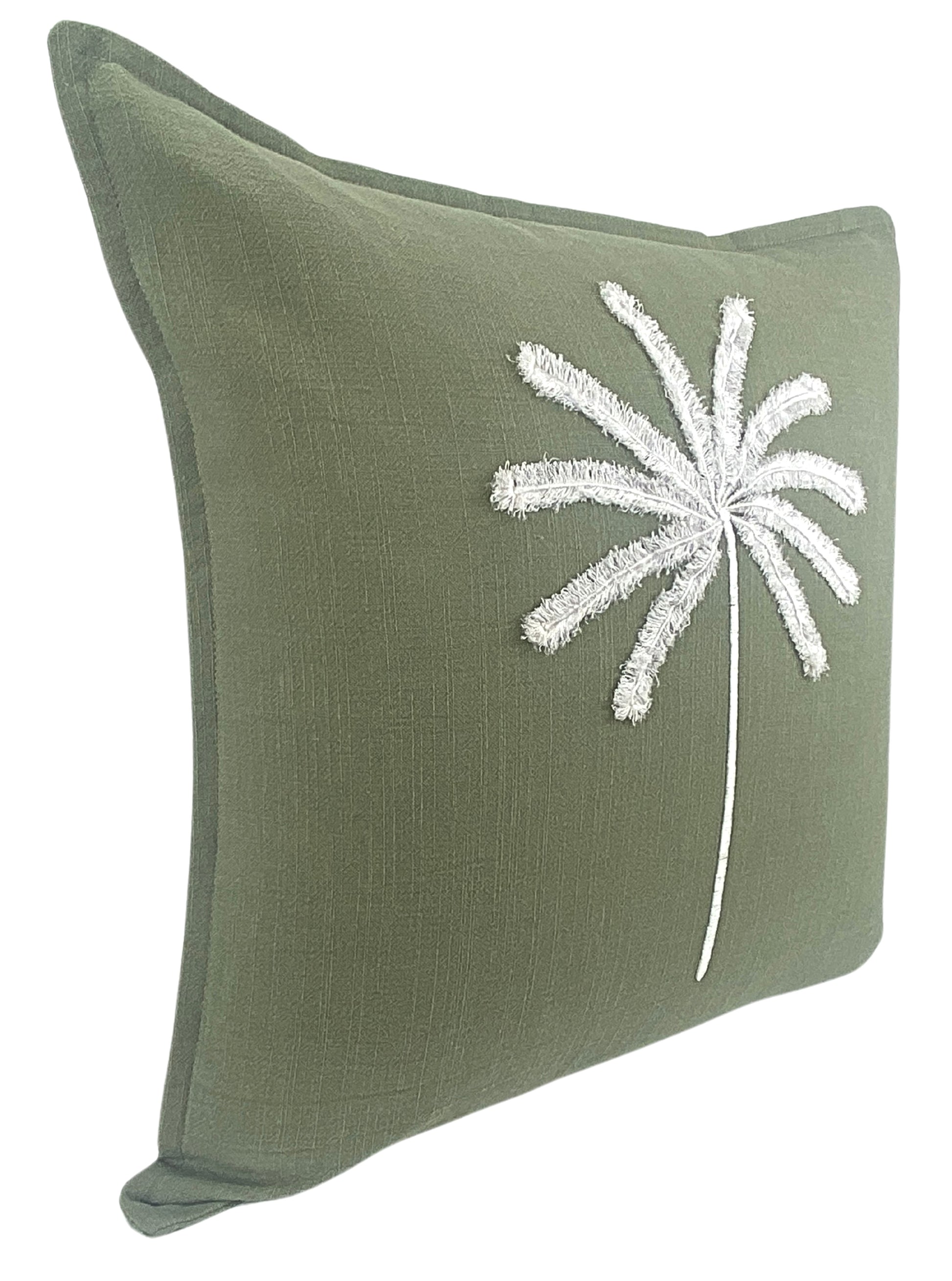 Linen cotton blend- side view - olive green - soft embroidered palm - hand made - 50x50 - palm soft
