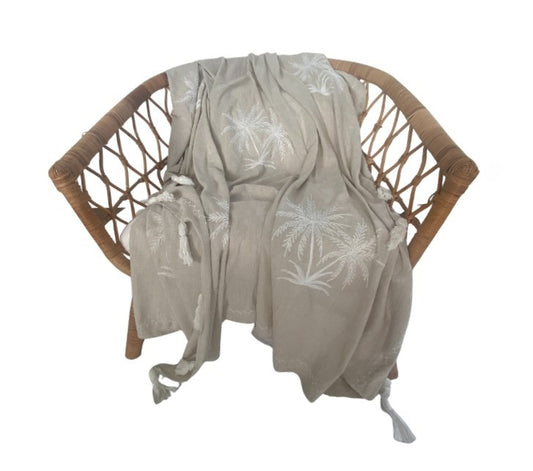 Island Palms - White Embroidered - Natural Cotton Throw Rug