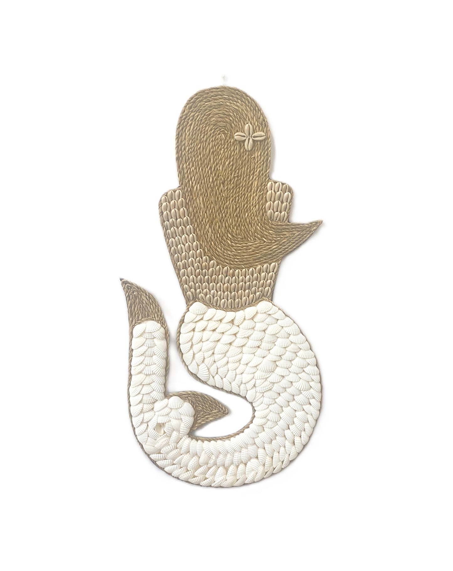 Textured shell mermaid wall art with cowrie shell beige top and white tail on a white background