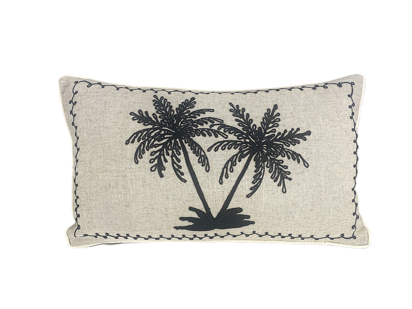 Decorative black embroidered palm cushion on natural background cotton linen blend 50x30cm full view