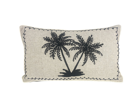 Decorative black embroidered palm cushion on natural background cotton linen blend 50x30cm full view