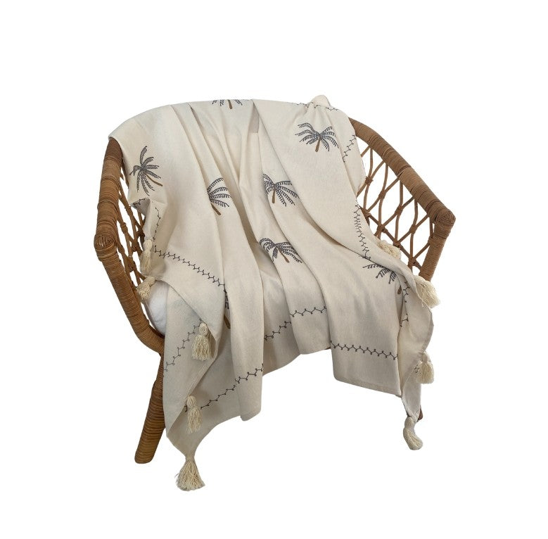 Palm Whisper Throw Rug - Off White and Grey Stitching