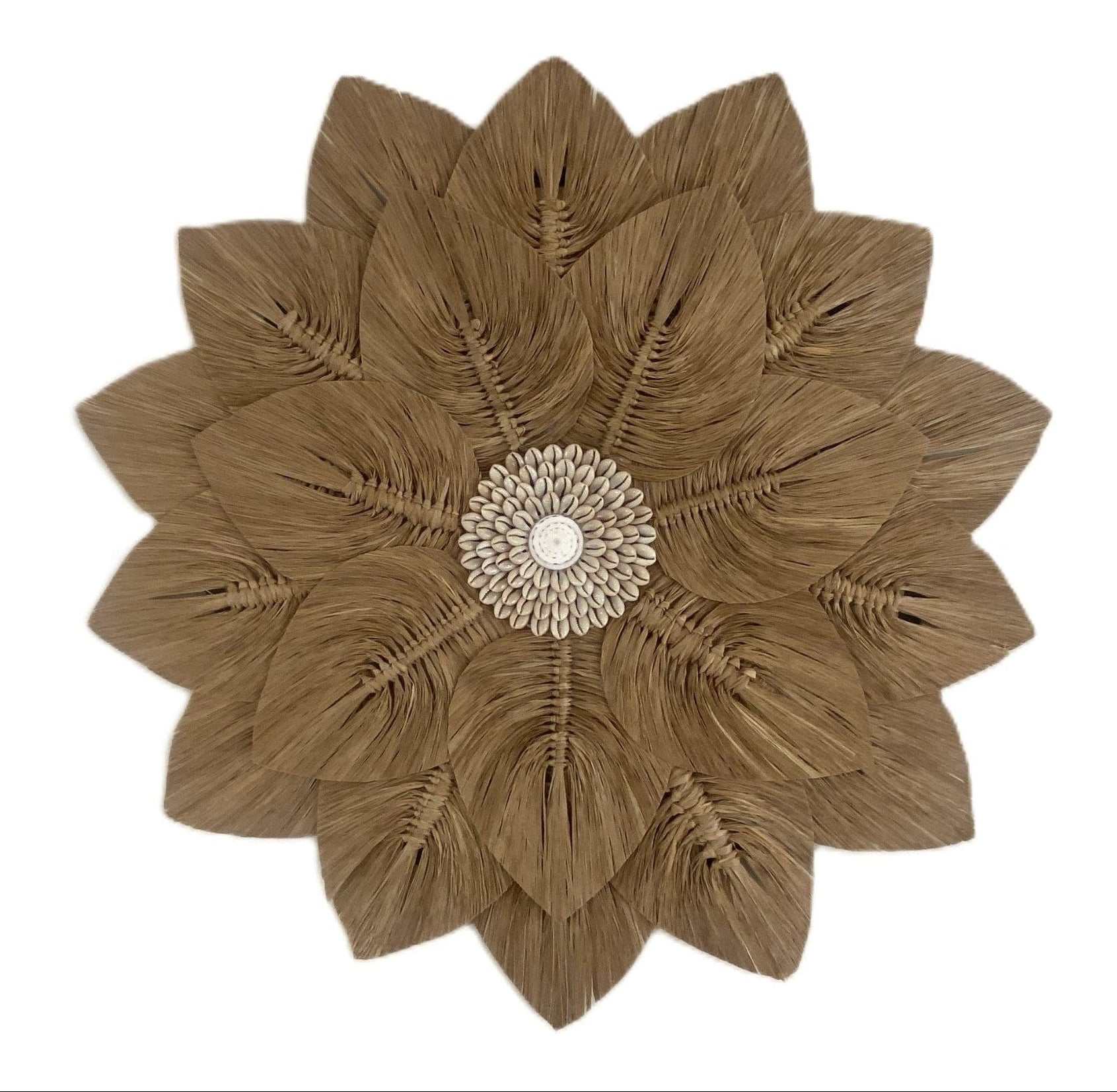 Decorative wall flower piece with brown feather-like petals and a central shell centre on a white background