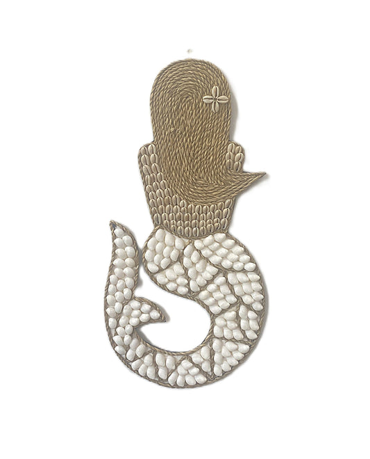Decorative mermaid figure with textured body and shell-like tail on a white background